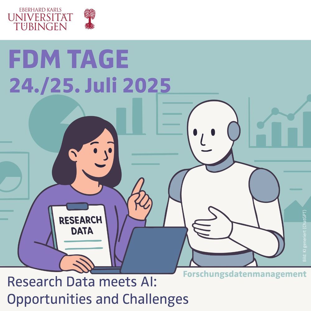 Eine Wissenschaftlerin mit einem Notebook vor sich tauscht sich mit einem Roboter aus. Oben Text: FDM Tage 24./25. Juli 2025. Unten Text: Research Data meets AI: Opportunities and Challenges. 