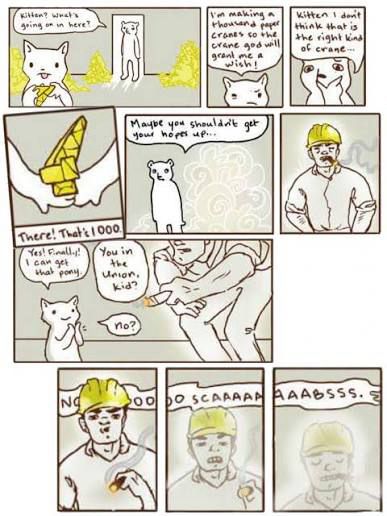 Making 1000 paper cranes then a Union ghost appears and calls him a scab