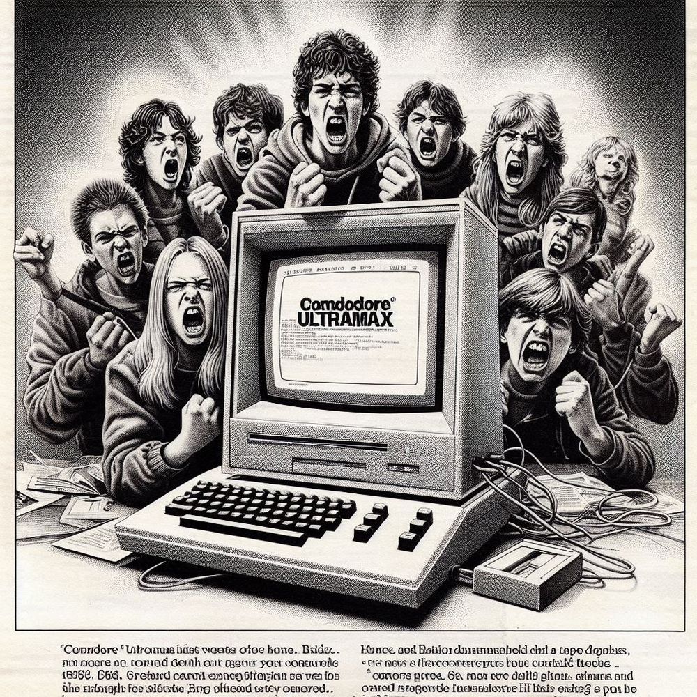 Hypothetical worst homecomputer from 1983, newspaper advertisement style. Computer surrounded by very angry teenagers. 