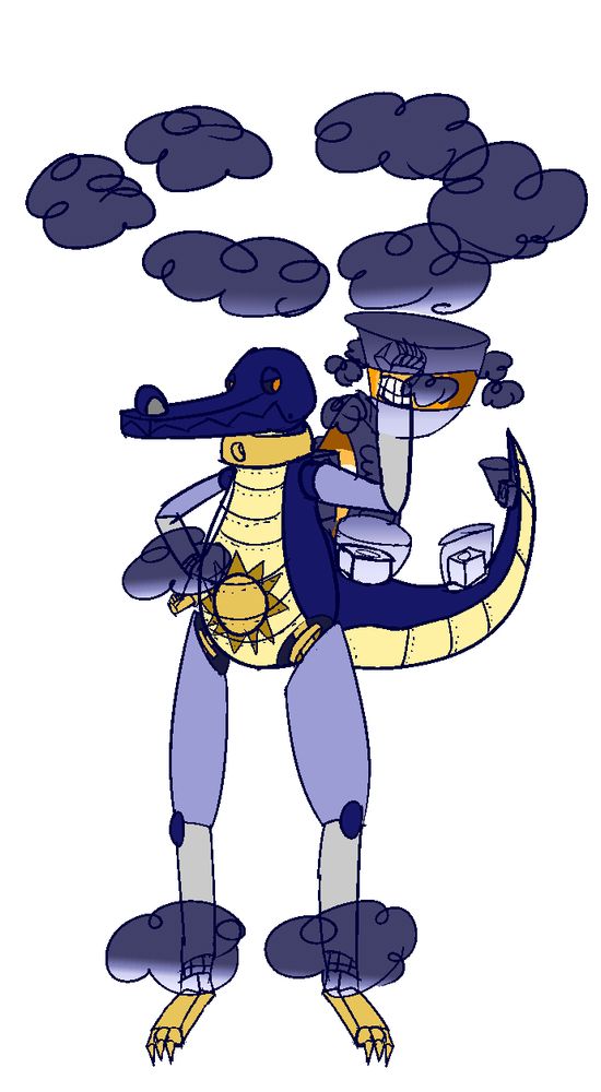 A robotic anthropmorphic gharial is floating in the air and conjuring a few cyclones on various smoke machines adorned throughout his body.  A halo of clouds also encircles him and the largest cyclones.  The cyclones notably have an orange glow around their midsection.  He is dark blue on the top and pale yellow on the underside, and has a sun decal on his abdomen.  His arms and legs are pale blue into gray with golden claws, and he wears a gold shackle on his neck and shoulders. He has black screens for sclerae and golden glowing eyes.