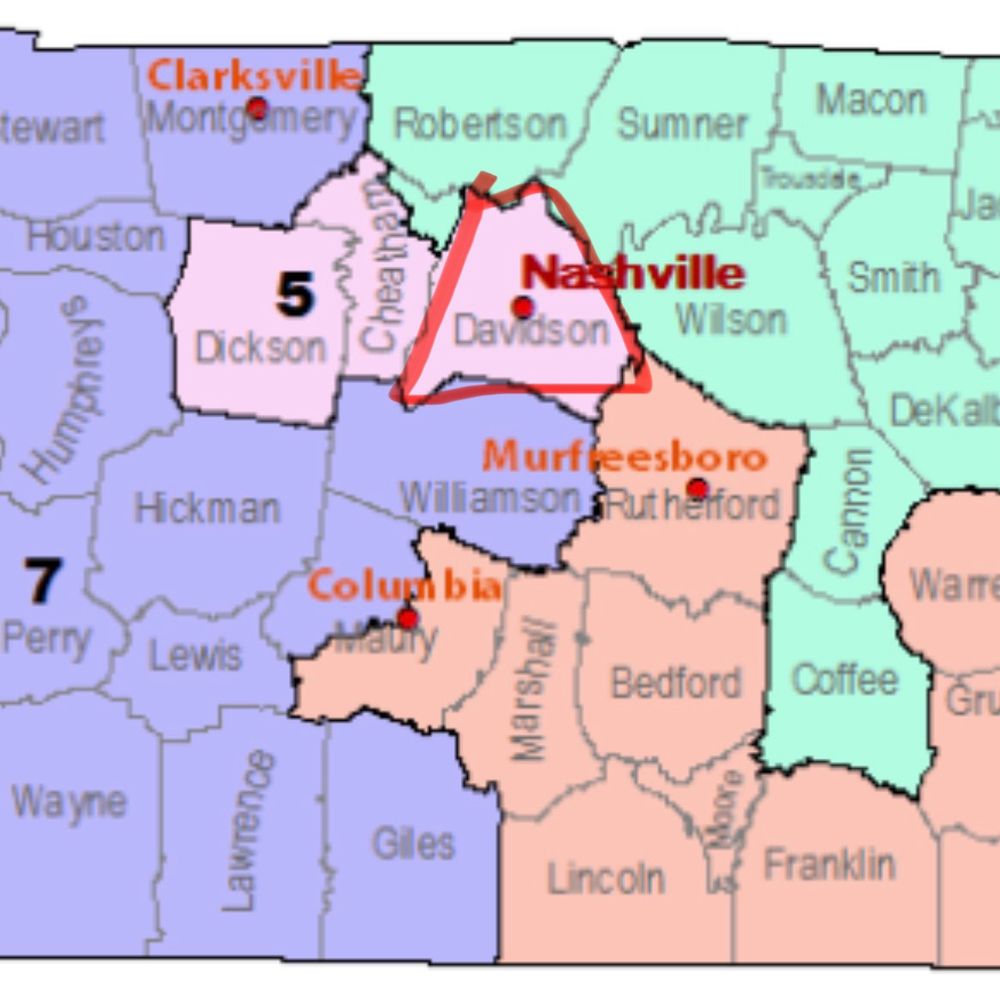 Middle Tennessee US house map prior to redistricting after 2020 census. Nashville is not split and creates the Tennessee 5th district with Dickson and cheatham counties 