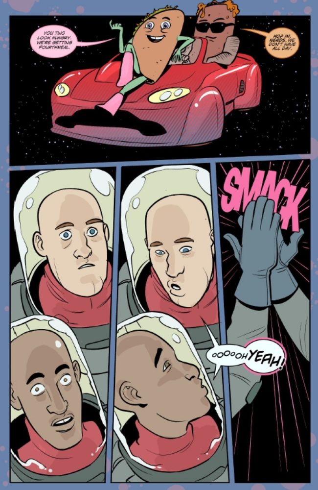 From Fourthmeal showing the protagonists accepting the call to adventure from a humanoid taco and burrito.