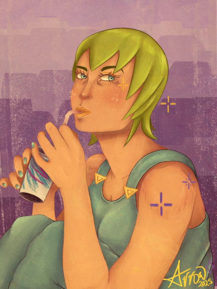 A digital drawing of Foo Fighters from JoJo's Bizarre Adventures sitting down and drinking from a cup with a straw. The background is a purple gradient.