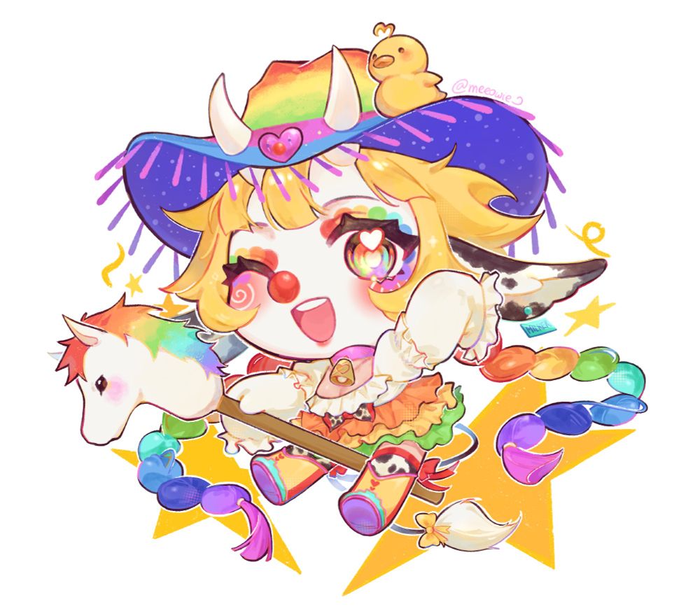 Rainbow rodeo clown cow-girl riding a white hobby horse with rainbow hair as well. Behind her are 2 big yellow stars. She also has a rubber duck on her hat.