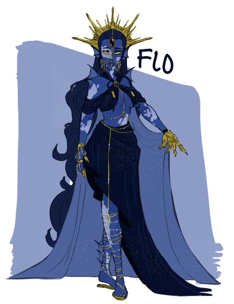 Fullbody blue triton woman with gold jewelry and a gold hand.
