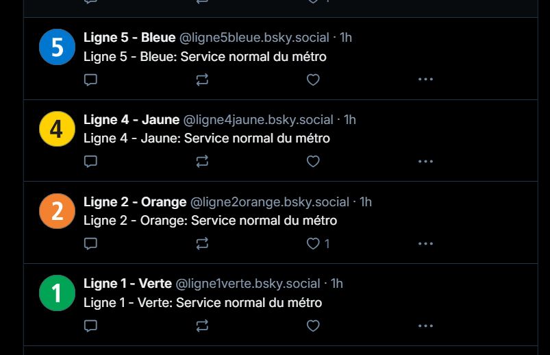 Capture d'écran des comptes qui publient l'état du service du métro de Montréal 

Ligne 5 - Bleue @ligne5bleue.bsky.social
Ligne 4 - Jaune @ligne4jaune.bksy.social
Ligne 2 - Orange @ligne2orange.bsky.social
Ligne 1 - Verte @ligne1verte.bsky.social