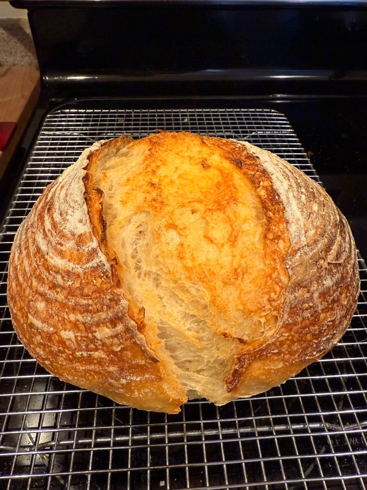 Three-fourth view of a sourdough boule on a metal cooling rack.