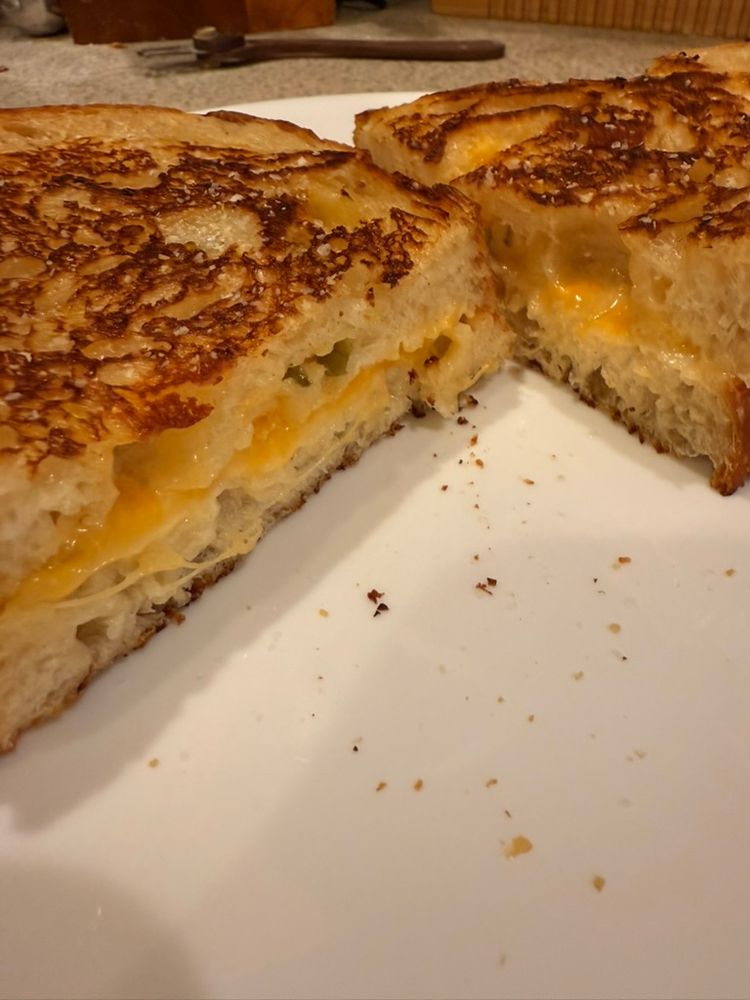 Close up of the grilled cheese sandwich. Oooo, it was so good. Light crunch on the outside, fresh, chewy bread, and a gooey delight in the middle. Topped it off with a bit of garlic salt.