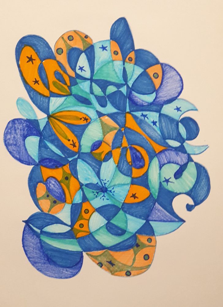 dessin abstrait en rondeurs bleus, verts et orangés