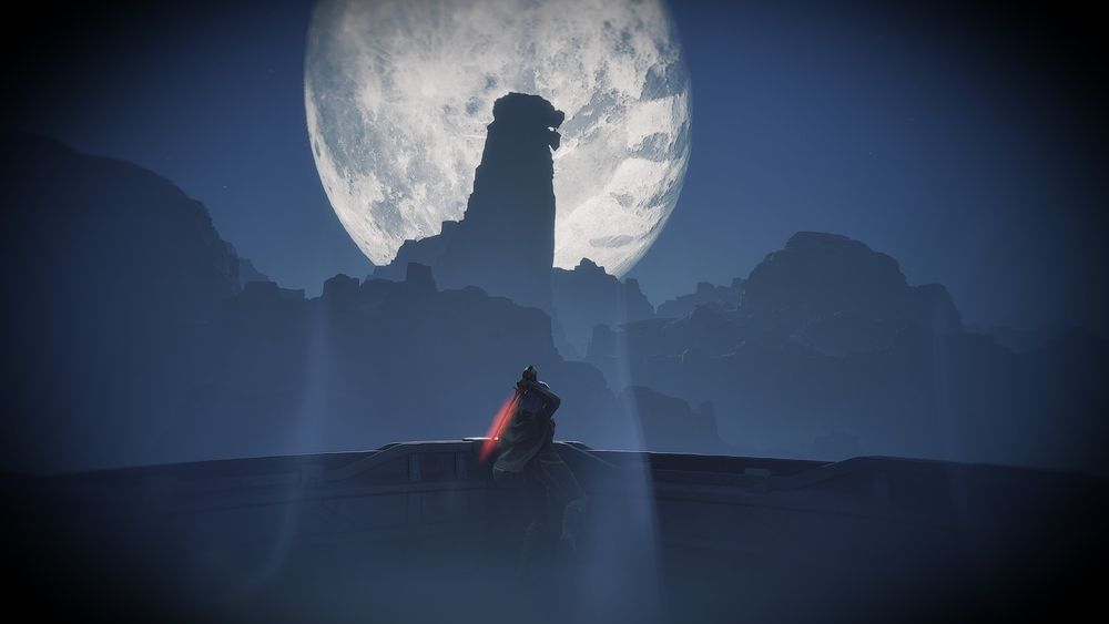 A curvy lady with a cape and skin tight suit standing in the moonlit horizon on a balcony with a mountain over the moon that lools like godzilla. She is swinging a sword