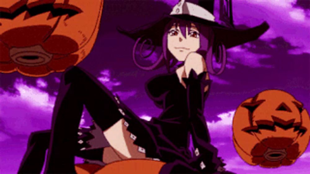 a witch is sitting on a pumpkin with a purple sky behind her