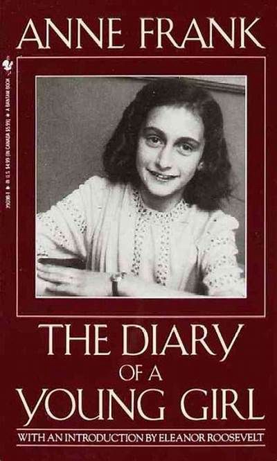 Cover of book Anne Frank the Diary of a Young Girl features the black and white picture of a dark haired girl in a long sleeved top facing forward on a maroon background 