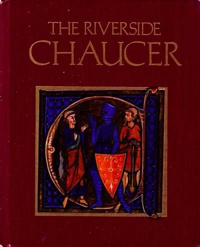 The Riverside Chaucer book. Brown cover with three figures in the center a knight, his squire and a monk