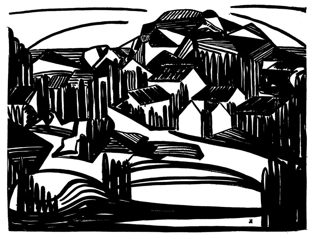 Expressionist woodcut landscape, with houses on the hills and trees in the foreground.