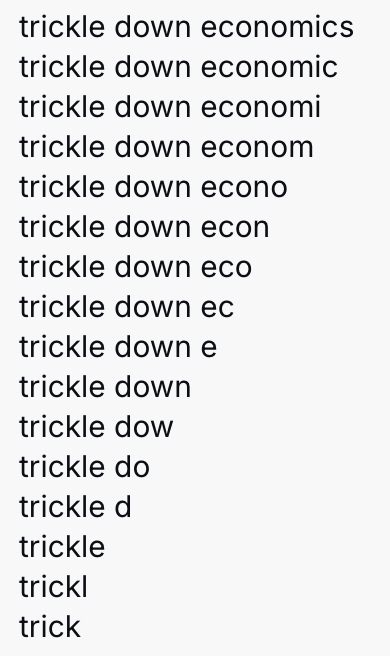 The words "trickle down economics" trickling down the page