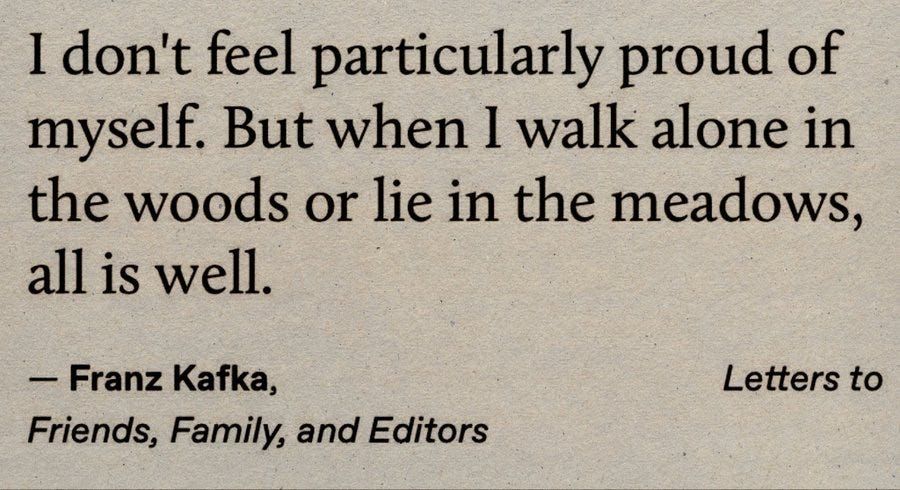 "I don't feel particularly proud of myself. But when I walk alone in the woods or lie in the meadows, all is well." (Franz Kafka)