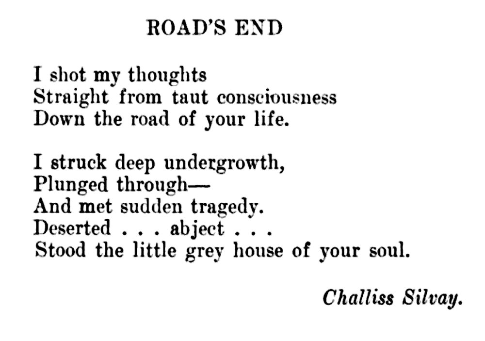 ROAD'S END

I shot my thoughts
Straight from taut consciousness
Down the road of your life.

I struck deep undergrowth,
Plunged through—
And met sudden tragedy.
Deserted . . . abject . . .
Stood the little grey house of your soul.