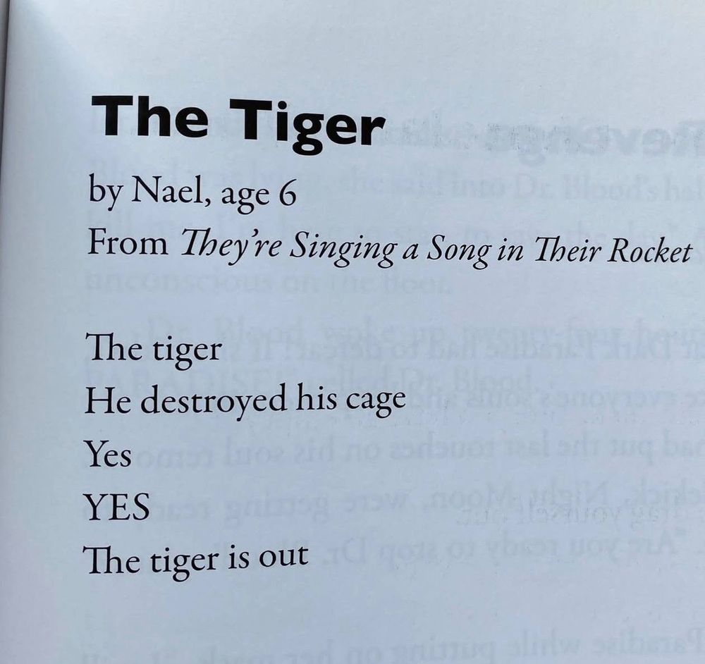 The Tiger by Nael, age 6
From They're Singing a Song in Their Rocket

The tiger
He destroyed his cage
Yes
YES
The tiger is out