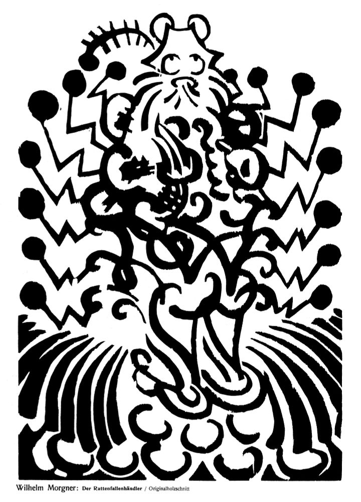 The Rat Trap Handler, an abstract woodcut.