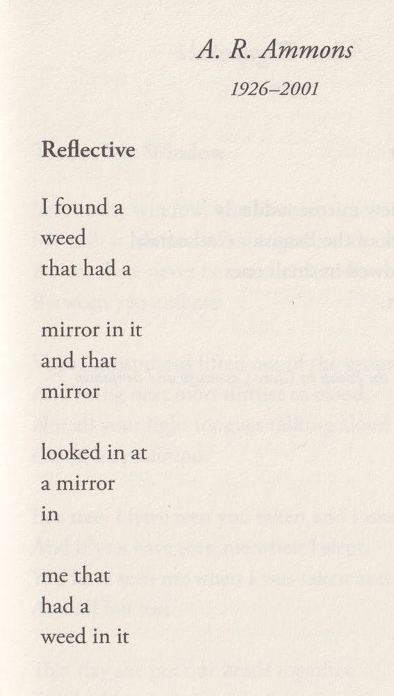 Reflective

I found a
Weed
That had a

Mirror in it
And that
Mirror

Looked in at
A mirror
In

Me that
Had a
Wheel in it