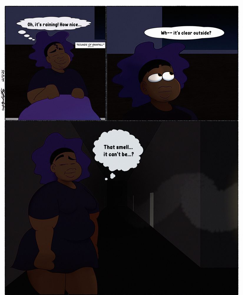 Vi, half awake in her room, thinking to herself as she hears what she believes is rainfall: Oh! it's raining! How Nice!

Vi [confused]: Wh-- it's clear outside

Vi follows a delicious scent and thinks to herself "That smell... it can't be..?"