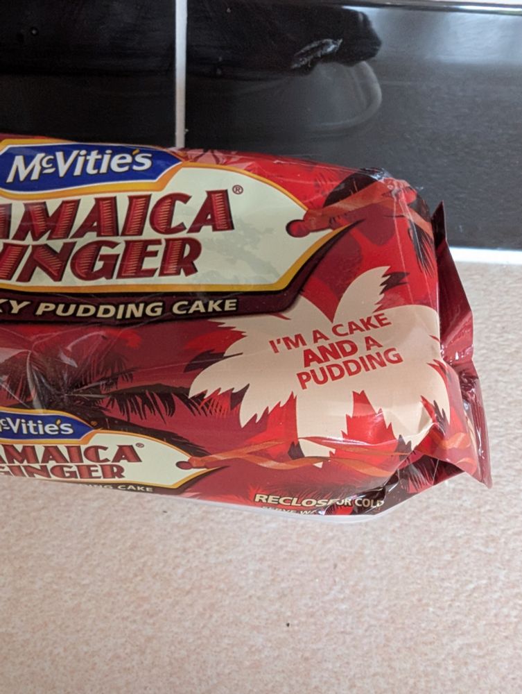 Other corner says 'I'm a cake and a pudding'