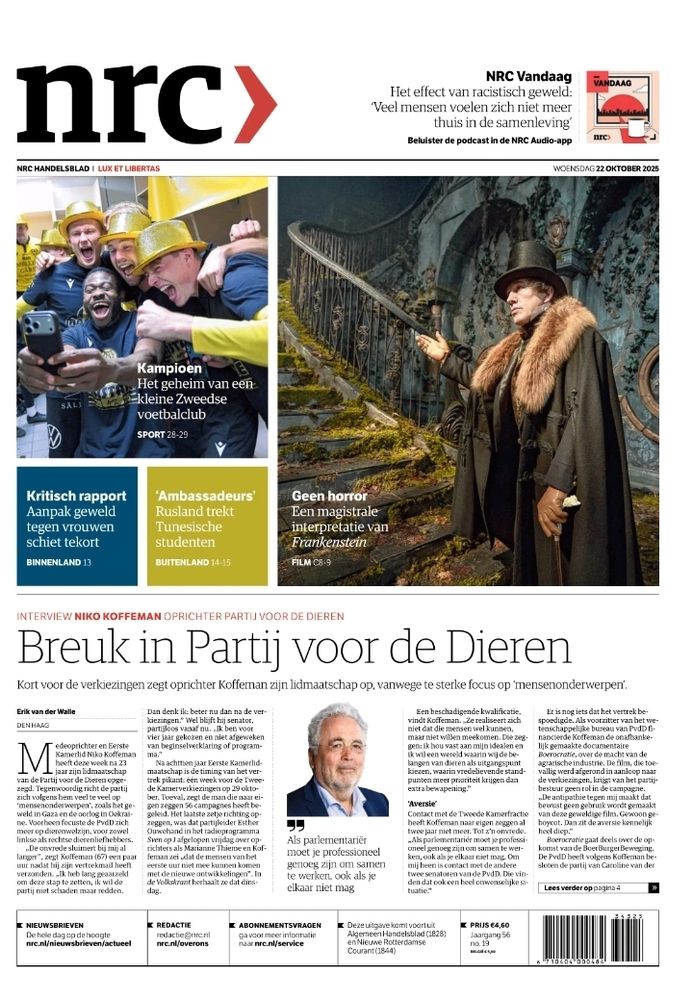 Artikel over breuk in de Partij voor de Dieren op de voorpagina van NRC.