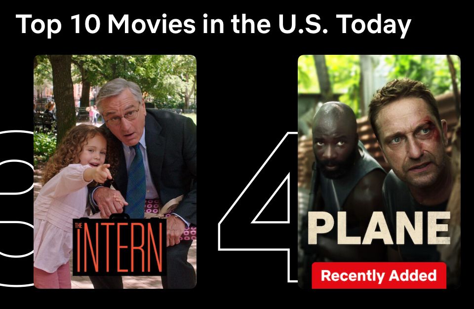 A screen shot from a scam oops I mean subscription-based streaming service depicting the #3 and #4 titles of what the streaming service has determined (by questionable means) is the “Top 10 Movies in the U.S. Today”. The number three title is “INTERN” and the number two title is “PLANE”.