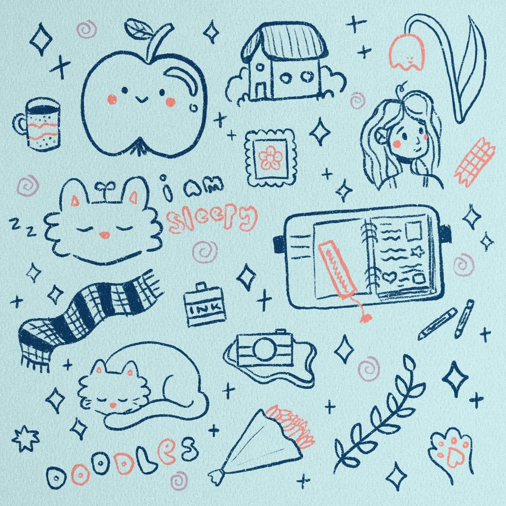 Digital collage of a bunch of different doodles, including an apple, a sleeping cat, a scarf, an open filofax, and a little cottage. Everything is done in a childish style in dark blue against a light blue background with pink and purple accents.