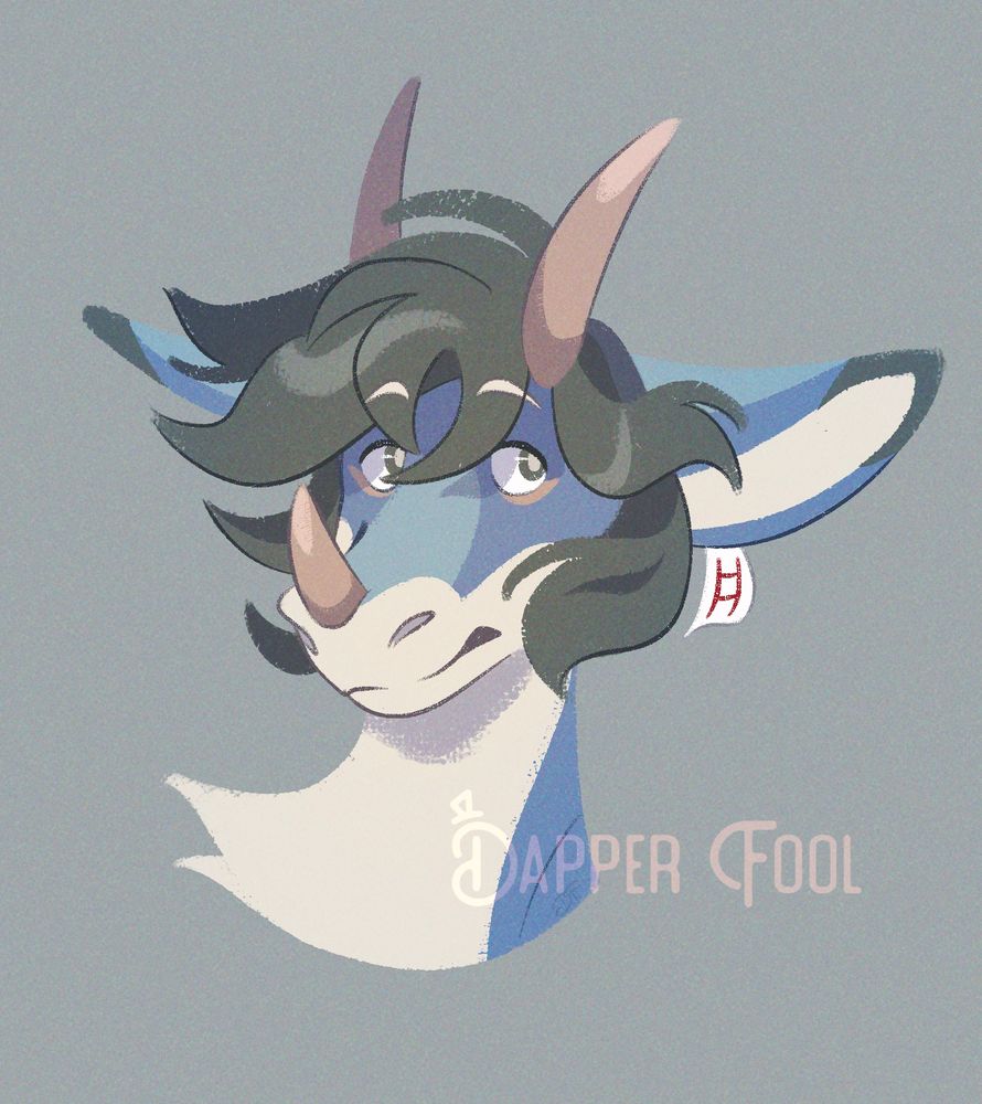 Art ; bust of a furry blue-beige dragon oc with dark hair, two peach coloured horns, and a peach coloured nose horn