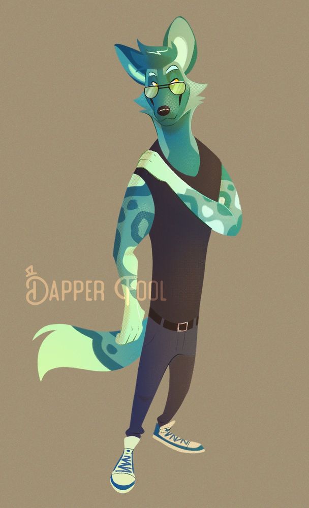Art ; fullbody of a teal-themed African wild dog oc wearing bright shades, a dark sleeveless shirt, jeans (with belt), and white shoes with blue accents