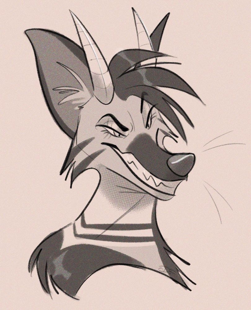 Draft ; a female maned wolf chimera oc with prominent striped markings, dark hair, scars on one of her eyes, and horns