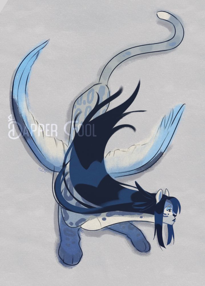 Art ; fullbody of a blue-themed sphinx oc (inspired by a black throated magpie & ocelot) with wings and long dark hair