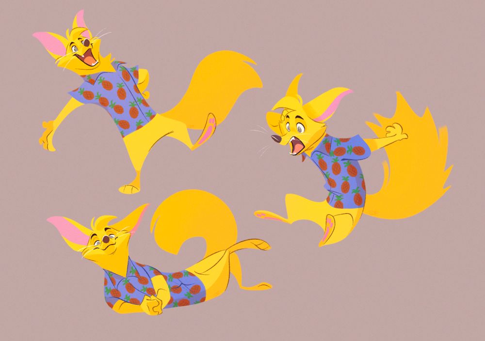 Art ; three fullbodies of a golden-yellow (fennec) fox oc wearing a pineapple patterned shirt