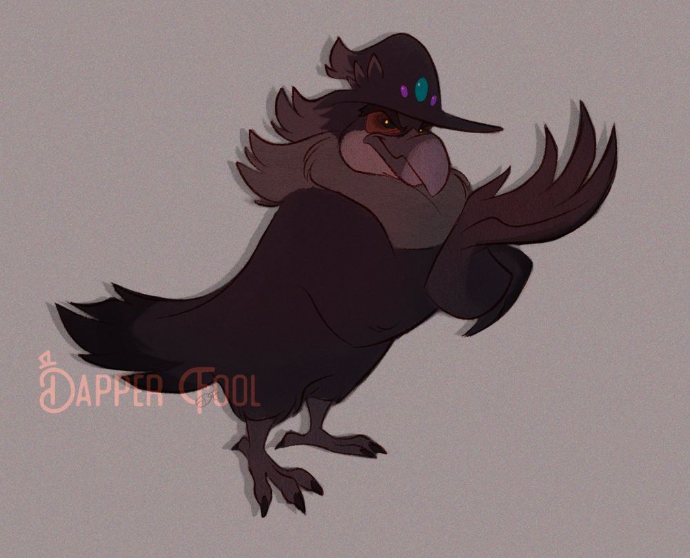Art ; a giant, female crow oc with prominent eye bags and three jewels on her hat-like head