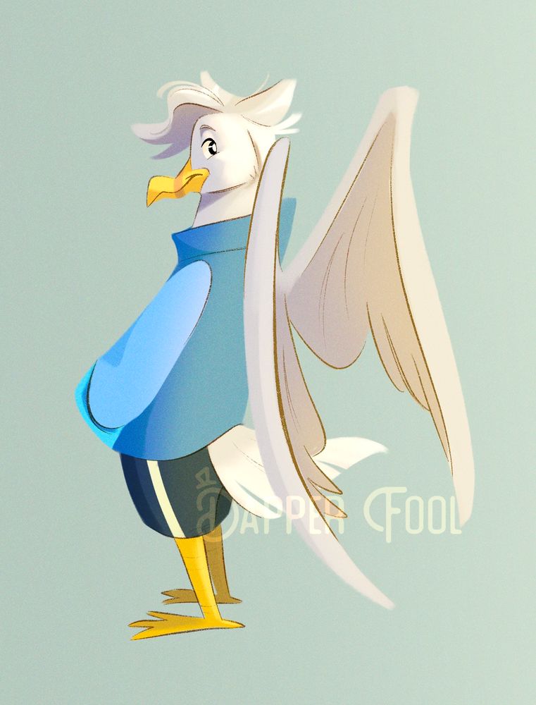 Art ; fullbody of a white anthro avian oc (closely resembling a seagull) wearing a blue themed, high-neck hoodie & dark shorts
