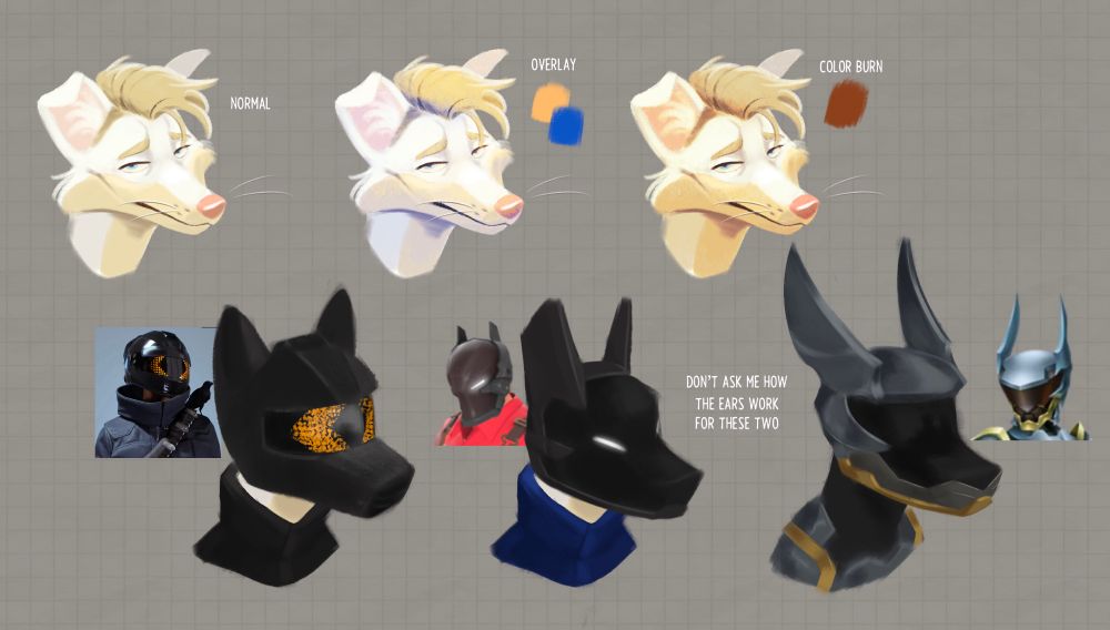 Draft ; busts of a white-cream fox-mutt oc. The top row showcasing the use of an overlay filter and a color burn filter on two of them. Essentially the bottom row showcasing the oc wearing helmets inspired by the following (games): Skill.e.d Racer helmet (The FINALS), Teufort Knight helmet (Team Fortress 2), and Ventus’s helmet (Kingdom Hearts: Birth by Sleep)