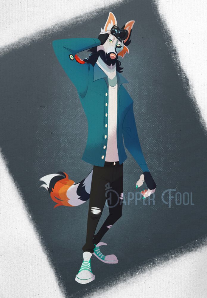 Art ; fullbody of a light-coloured maned wolf oc with dark-coloured accents, orange accents, and turquoise eyes. He is wearing a denim jacket (with two patches) over a light shirt, dark trousers, and aquamarine shoes