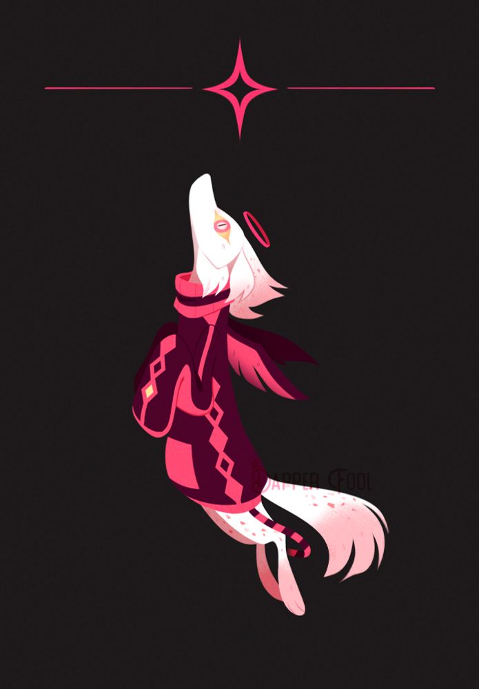 Art ; fullbody of a white-pinkish furry anthro alien oc with yellow-pink snakelike eyes, a pink halo, and a dark wine red jumper sweater with pink accents and wings attached