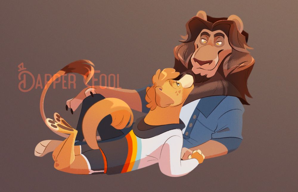 Art ; two furry oc’s lying down and looking at each other; implying the two are a love couple. One is a golden mini retriever oc wearing a light jacket with dark & other colorful accents, along with black sports shorts. The other is a lion oc with a dark mane, he is wearing a denim jacket, light shirt, and jeans.
