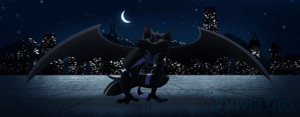 Art ; fullbody of a bat oc appearing to be crouching down in the foreground. The background displaying a nightly lit city beneath a starry night sky