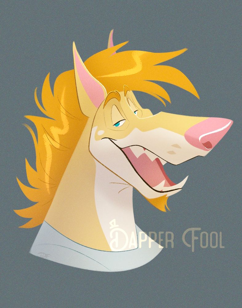 Art ; bust of light yellowish coloured doberman pinscher oc with turquoise eyes, and darker yellow hair/goatee
