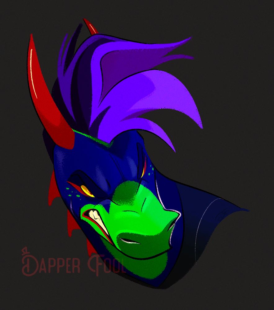 Art ; bust of a blue-green reptilian oc with yellow eyes (with red irises), purple themed hair, and red horns & spikes
