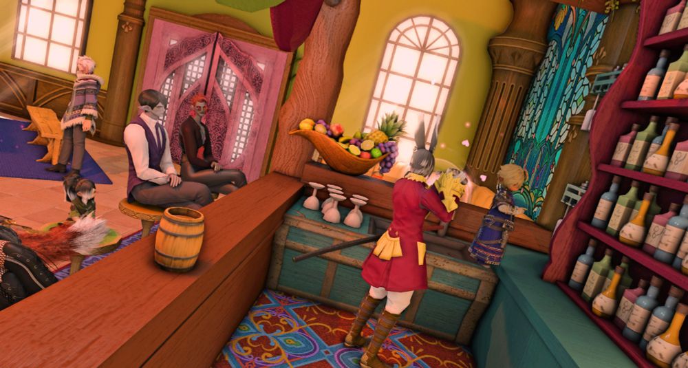 A colorful cantina where guests enjoy services and live bard performances.