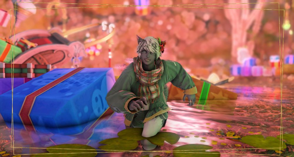 An FFXIV male Miqo'te with soot gray skin, white hair, and a boyish face, runs with a gleeful expression from the scene of a crashed holiday sleigh, presents scattered in the water of a pond. He wears a green sweater with a brown tartan scarf and has red flowers in his hair.