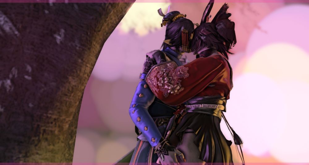 An FFXIV male Elezen and male Viera wear far eastern garb and kiss under the bows of a cherry blossom tree during a fireworks festival.
