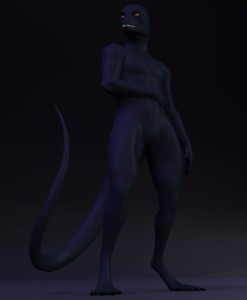 Kajar (he\him) A humanoid reptilian character, with deep yellow eyes, black scales, a long tail , and sharp teeth