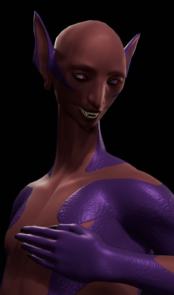 (close up)
This Demateh (he\they\she) an elf like character, he has: purple scales covoring most of his body, the rest of their body is human-like skin of a darkish brown hue, pointy ears, pinkish-red eyes, a lean build, with wide hips, short muscular digitigrade legs, four toed feet, and clawed five fingered hands (they are, poly, and pansexual)