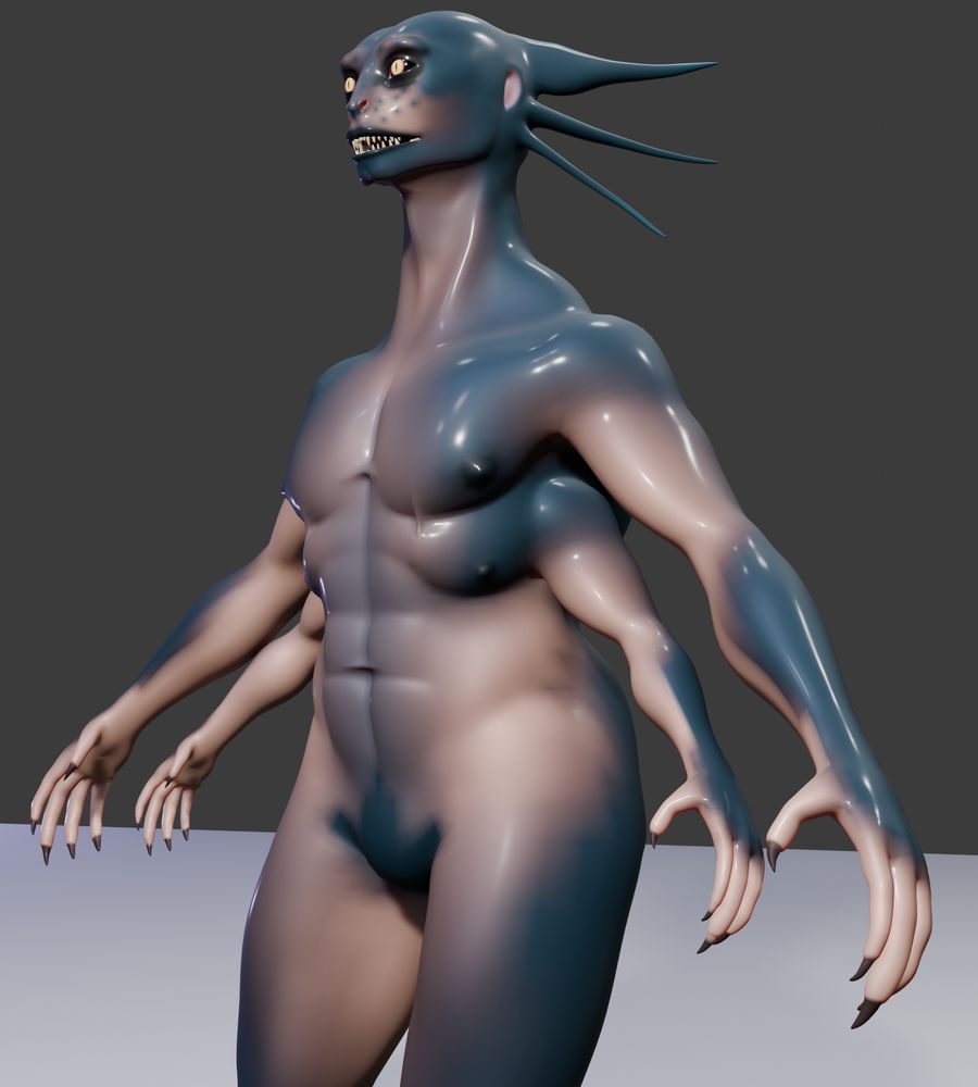 A render of an early design of a Ythagan, which is a humanoid creature with sharp teeth, red, and yellow eyes, six tentacles on their heads, this species has generally has peach, or brown, and teal skin, digitigrade legs, they tend to be around 6'5, to 7'6 feet tall (some also have tails)