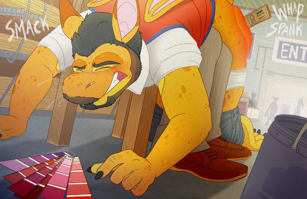 An orange dragon has been bent over the knees of a well-dressed fellow in the middle of the lumber aisle at [INSERT AMERICAN HARDWARE CHAIN HERE] for a spanking. His pants are pulled to his knees and his underwear has been lowered as well. Multiple customers/employees are watching from the backlit entrance as the dragon's bare butt is spanked bright red by a paint stick. He is grimacing in his uniform. In front of him is a fanned-out book of color swatches, all various shades of red, pink, and purple. 